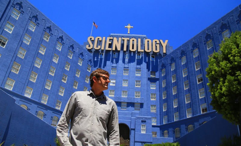 Picture shows_WS Louis Theroux outside The Church of Scientology building in LA