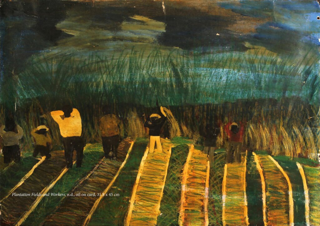 Painting of people working in a field, with long grass and a dark night sky