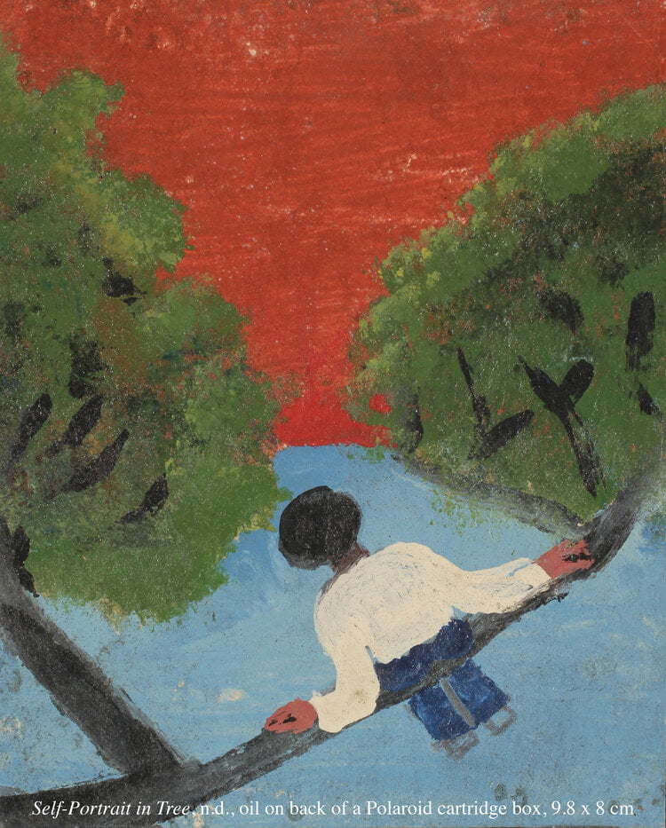 Painting of a man in a long top sitting on a tree branch leaning back, against a blue and red background amongst green foilage