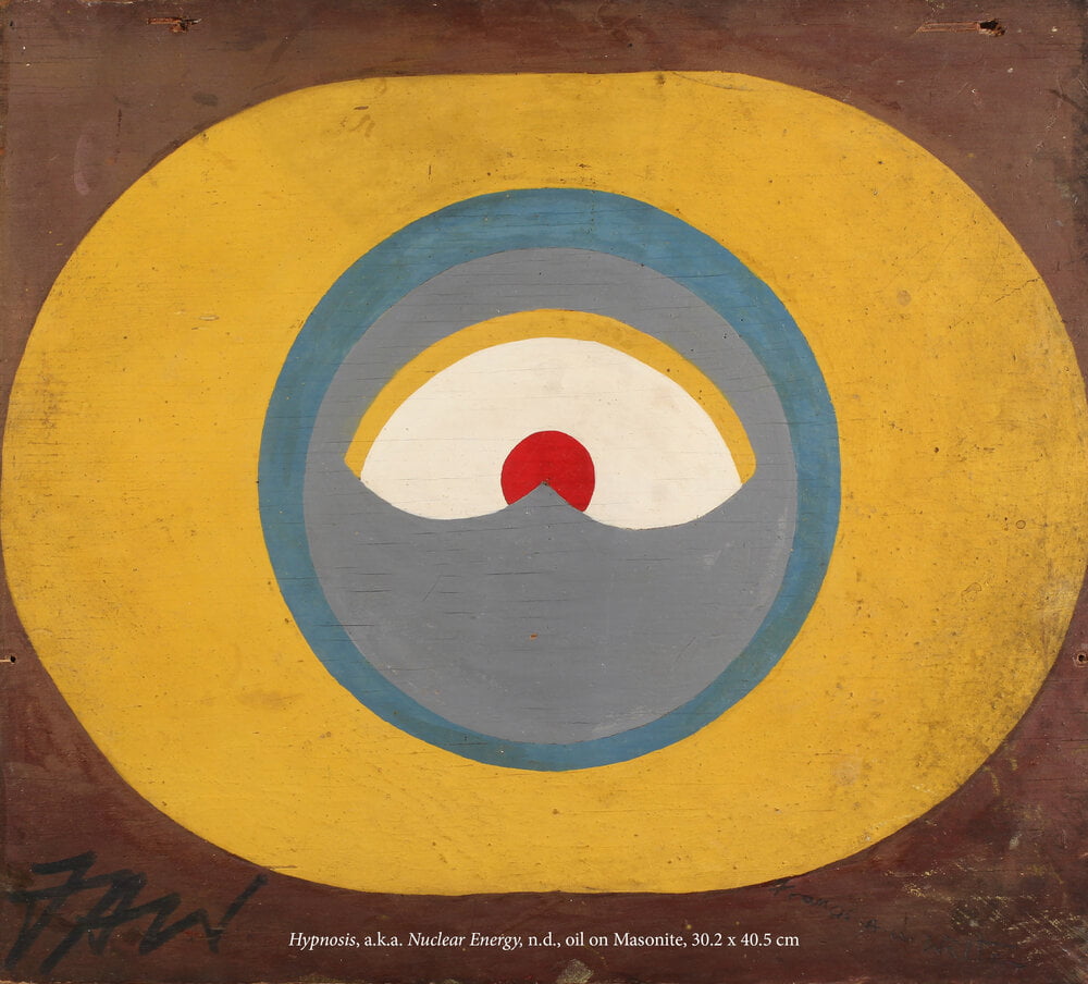 Abstract painting of a large yellow pill-shape, with a blue circle inside and and eye with a red pupil, all against a brown background