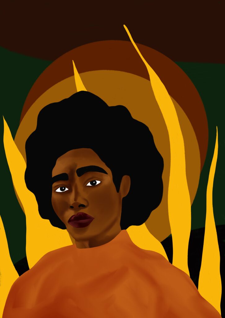 Painting of a black woman with an afro hairstyle, very piercing eyes and a very serious, attentive expression, she is wearing an orange top. There are some circular shapes in the background, alongisde birght yellow flames, or what looks like the suggestion of flames.