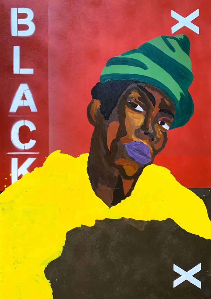 Painting of a black person in a green hat, with purple lips, in a bright yellow top. There is a red background and the word black in capital letters on the left hand side. There are two xs in the top and bottom right corners.